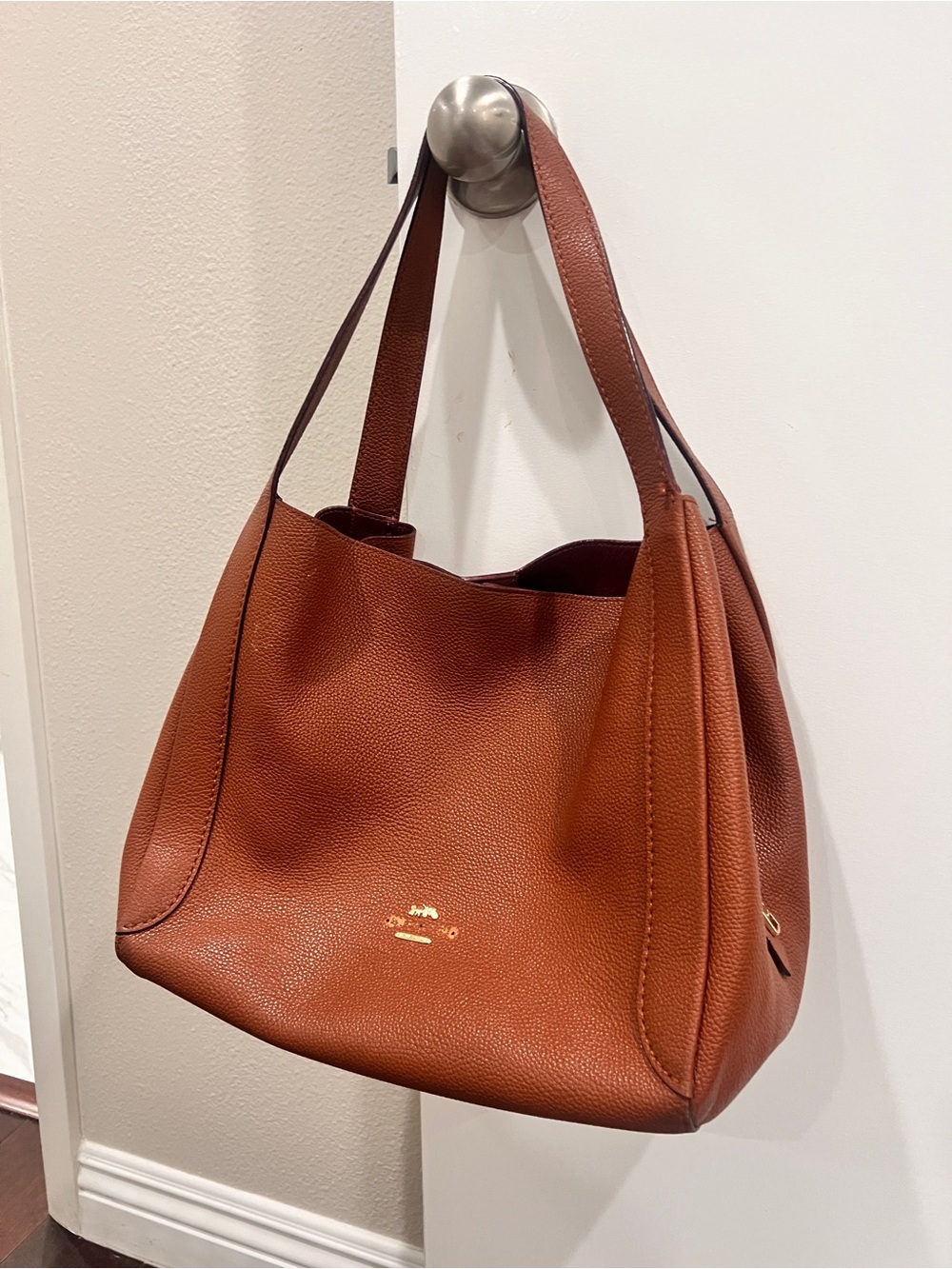 Coach Pebbled Leather Shoulder Tote in Warm Brown